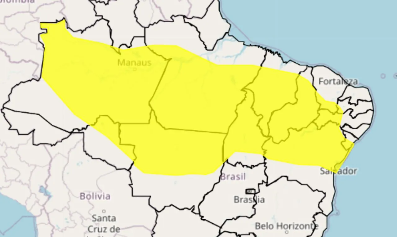 o mapa mostra as áreas em alerta amarelo para chuva intensa